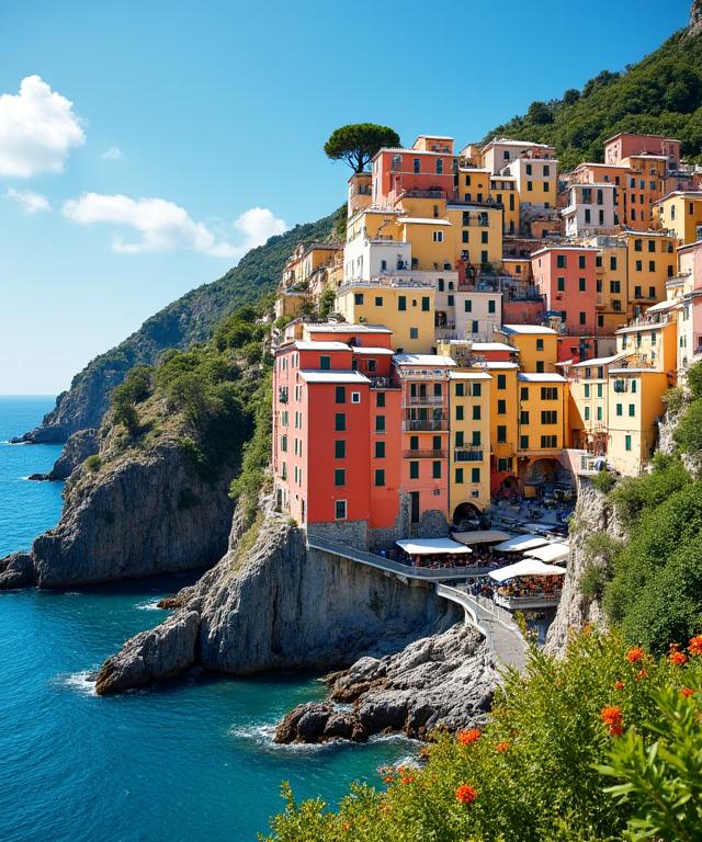 Colorful houses perched on cliffs along the Amalfi Coast, Italy.