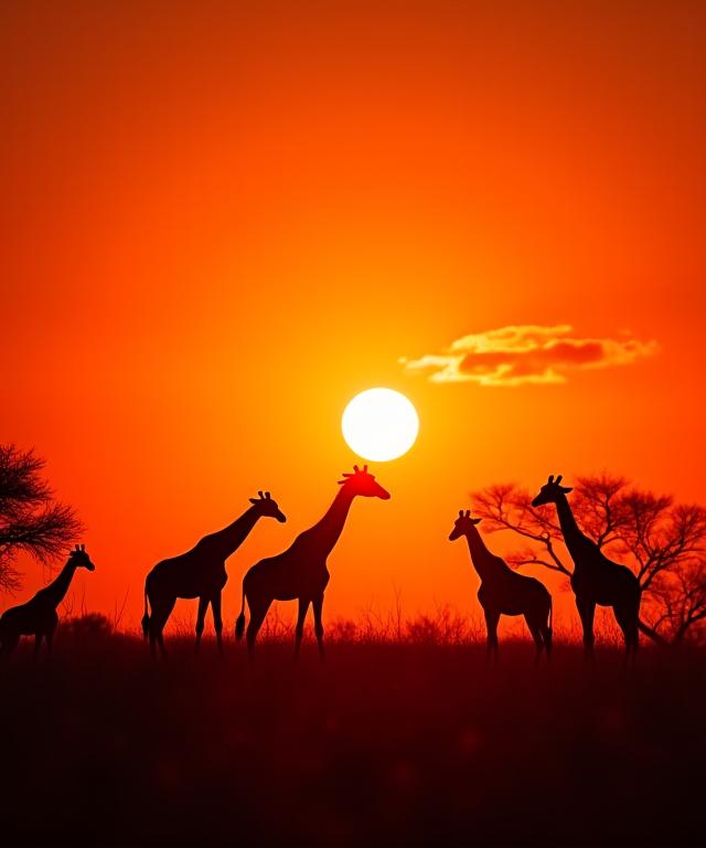 A silhouette of giraffes on the savanna during a Kenyan sunset.