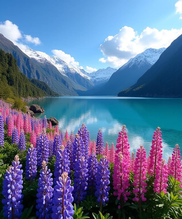 Lupine flowers blooming by a lake in New Zealand's South Island.