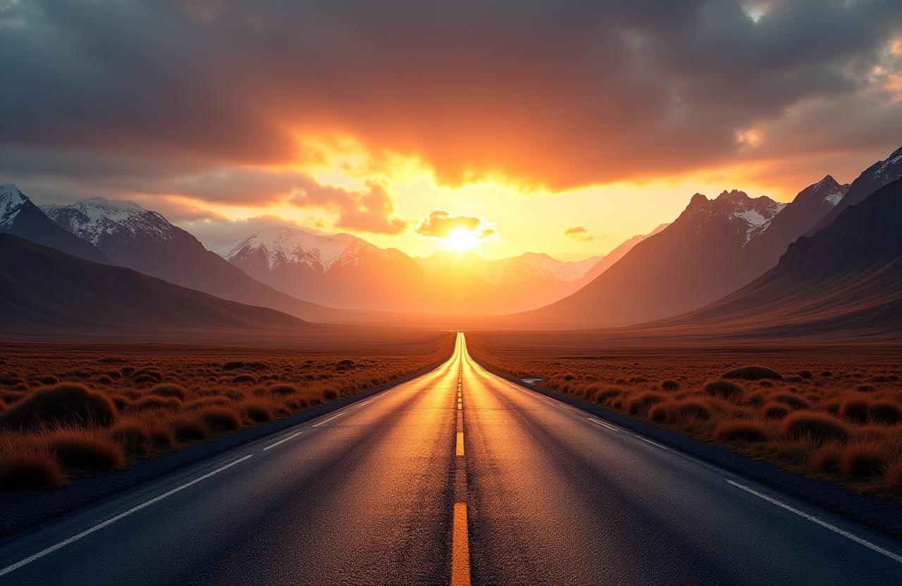 Serene view of a winding road through the Icelandic highlands at sunset