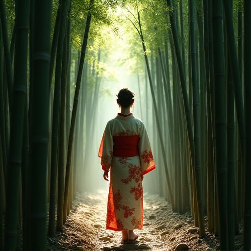 A woman in a traditional kimono walking through a bamboo forest in Kyoto.