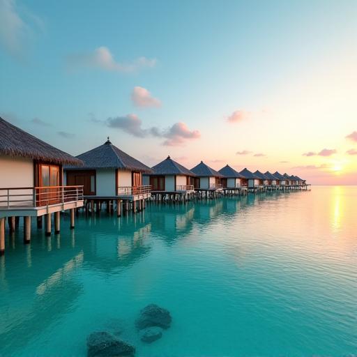 An overwater bungalow in the Maldives at dawn.